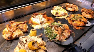 Grilled whole chicken with secret sauce, chicken skewers, Korean street food