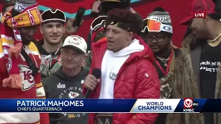 Chiefs quarterback Patrick Mahomes addresses the crowd at Union Station