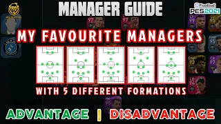 MY FAVOURITE MANAGERS IN 5 DIFFERENT FORMATIONS | POPULAR FORMATIONS MANAGER GUIDE | PES 2021 MOBILE