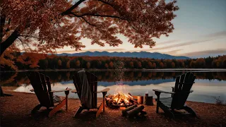 Cozy Fall Fire Pit on A Lake Ambience for Stress Relief - Crackling Fire and Calm Wind Sounds