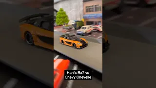 Han’s Tokyo drift Rx7 takes on the Chevy Chevelle 🔥🔥🔥 #hotwheels #fastandfurious #tokyodrift