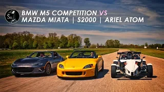 BMW M5 vs Ariel Atom | Honda S2000 and Mazda Miata