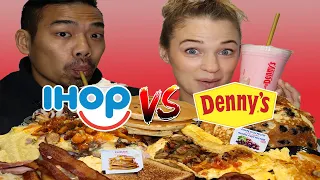 IHOP VS DENNY'S MUKBANG - BREAKFAST SAMPLER, OMELETTES, BLUEBERRY PANCAKES AND STRAWBERRY MILKSHAKES