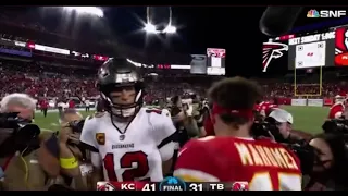 Tom Brady and Patrick Mahomes embrace and exchange words Tampa Bay Buccaneers vs Kansas City Chiefs