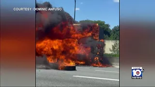 Bus catches fire along I-595, causing traffic mess