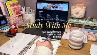 2-HR STUDY WITH ME 📖 /pomodoro 25/5 No music, soft rain & fireplace sounds, real time