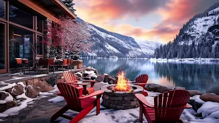 Lakeside Coffee Shop with Smooth Jazz Music | Jazz Music Instrument & Warm Fireplace to Relax, Sleep