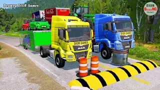 Double Flatbed Trailer Truck cars vs rails tractor vs train cars vs bollards Beamng Drive 428