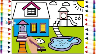 How to Draw a House with a Swimming Pool | Coloring Pages for Kids and Toddlers #HTD25