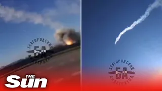 Moment huge blast hits Belgorod heliport in Russia and smoke rises