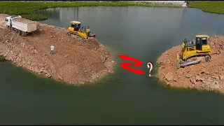 Wow!! Good Team Work Operator Skills Bulldozer Pushing Stone Build Connecting New Road In Water