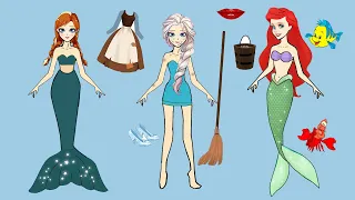 ELSA AND ANNA PAPER DOLLS PRINCESS COMPILATION IN FAIRY WORLD CINDERELLA MERMAID