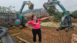 Excavator, brick crane, iron crane. Hire a girl to help with cargo handling