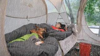 SOLO Camping in heavy rain with 360 degree transparent weird tent / Rain ASMR sound / cozy mood
