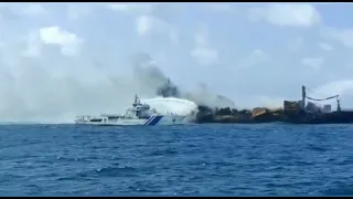 Op Sagar Araksha 2 : ICGS Samudra Prahari, Vaibhav & Vajra on with firefighting on MV Press Pearl