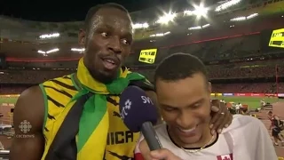 Andre De Grasse surprised by Usain Bolt during interview