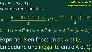 Calcul dans R: Montrer que √(a1²+a2²+a3²+a4²)/4≥(a1+a2+a3+a4)/4. CIAM-Seconde S-Page 154-Exercice 34