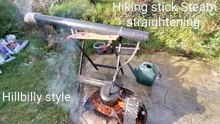 How to straighten a hiking stick with steam, hillbilly style. More efficient than a heat gun.