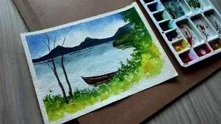 Watercolor Painting - A Mountainside Lake Scenery