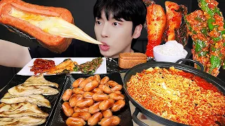 ASMR MUKBANG | KOREAN FOOD RECIPE SPICY NOODLES, FRIED Sausages, Cheese, Mushroom, Kimchi ! EATING