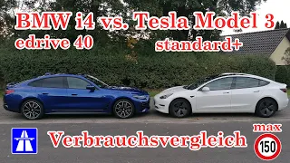 Verbrauchsvergleich BMW i4 edrive 40 vs Tesla Model 3 SR