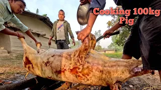 Nepali Village Life/100 kg Pork Cutting and Cooking/Pig Cutting/Fishing Man