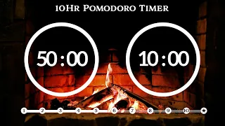 50 Minute Pomodoro Timer🔥Fireplace Sound 장작 ASMR📚10-Hour Study ⏱Pomodoro 50/10, 50 min x 10 sets