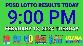 9pm Lotto Result Today February 13, 2024 Tuesday ez2 swertres 2d 3d pcso