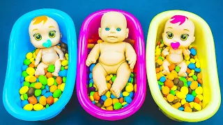 Oddly Satisfying Video | Colored Bathtubs and 3 Magic Dolls Mix Candy Skittles & Asmr Candy M&M's