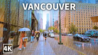 【4K】Downtown Vancouver Walk in the Heavy Rain, Travel Canada 2023, Binaural City Sounds