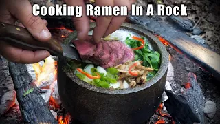 Cooking Ramen in a Stone Bowl over a Camp Fire