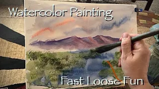 Fast & a loose Watercolor Mountain Vista with lake