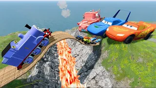 Testing PIXAR CAR vs Big & Small Lightning McQueen,Dinoco,Mater vs Lava Bulged Bridge😱-BeamNG.Drive