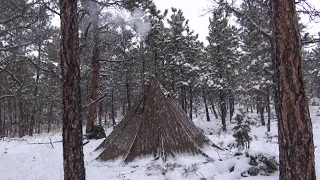 Winter Hot Tent Camping In Snow 16°F  -9°C| ASMR  Visitor at Night!