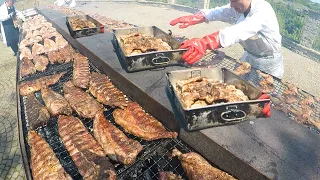 Italy Street Food Festivals. Extreme Grill of Meat, XXL Sausages, Ribs, Loin & more Foods