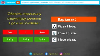 ТЕСТ з Англійської мови. Граматика рівень А1. Основний порядок слів у реченнях в англійській мові.