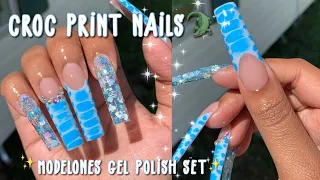 Blue Crocodile Print Nails 🐊 | Modelones Gel Polish Set | AliExpress Square Full Cover Nails