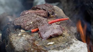 PRIMITIVE TECHNOLOGY - Wilderness Cooking Beef On A ROCK!! Tender Steak! Survival Skills! BUSHCRAFT!