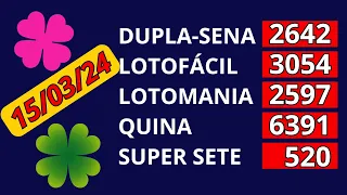 Resultado das loterias de hoje 15/03, Dupla Sena 2642, Lotofácil 3054, Lotomania 2597, Quina 6391,