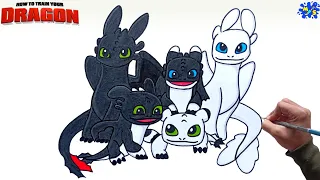 How to draw Toothless Family – Night fury, Light fury and Night-light furies