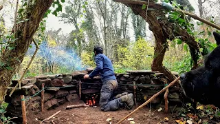 7 Days Solo Survival Camping In Rain Forest, Building Warm Bushcraft Shelter, Rock Fireplace Cooking