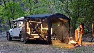 Relaxing in nature Perfect solo camping in a cozy black shelter tent / nature ASMR