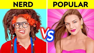 ¡POPULAR VS NERD DURANTE 24 HORAS! ¡Cómo hacerse popular en la escuela! Comedia de 123 GO! CHALLENGE