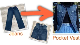 Never throw away old jeans! DIY pocket denim vest from old jeans. Tricks to save money! Zero waste!
