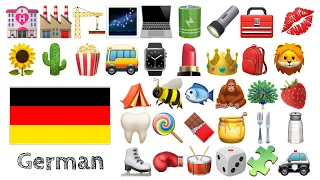 Learn 400 words - German with Emoji -  🌻🌵🍿🚌⌚️💄👑🎒🦁🌹🥕⚽🧸🎁