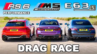 New Audi RS6 Perf v BMW M5 v AMG E63 S  DRAG RACE @carwow