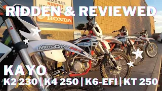 Kayo Dirt Bike Review - How do they Differ?  K2 230 vs. K4 250 vs. K6-EFI 250 vs. KT 250 2-Stroke