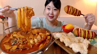 🔥마라엽기떡볶이 꿔바로우 핫도그 먹방 Mara Tteokbokki Hotdog Koreanfood Mukbang