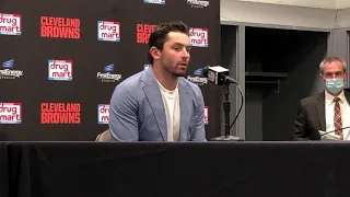 Browns QB Baker Mayfield discusses how his shoulder was injured trying to make a tackle