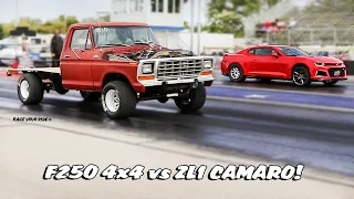 '79 BIG BLOCK FORD F250 RANGER 4X4 TRUCK DRAG RACES '17 ZL1 CHEVY CAMARO! BYRON DRAGWAY!